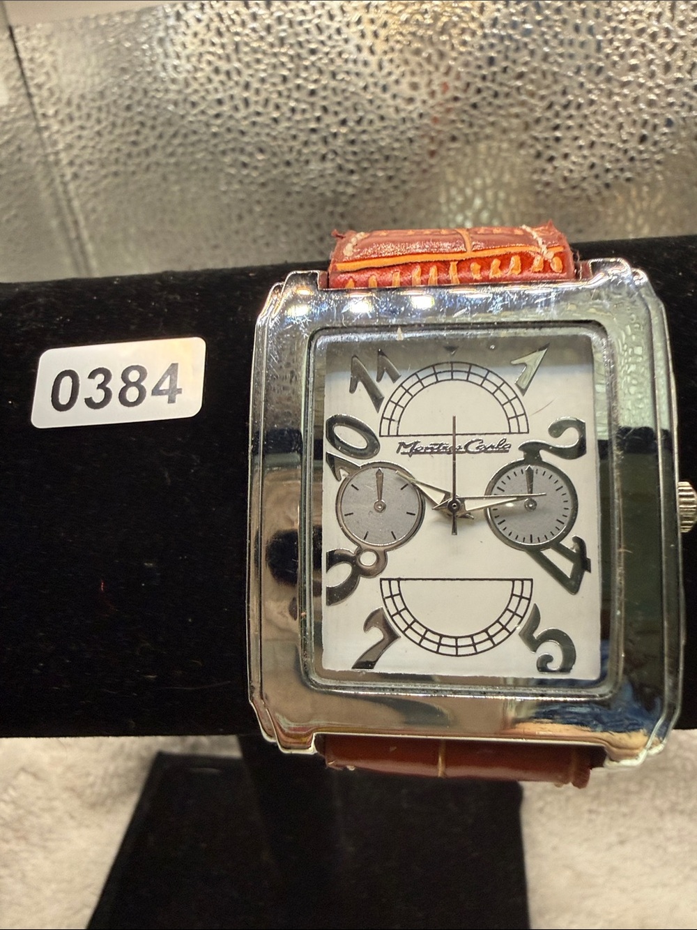 Men's Montres Carlos Silver Case Watch with Brown Leather Strap